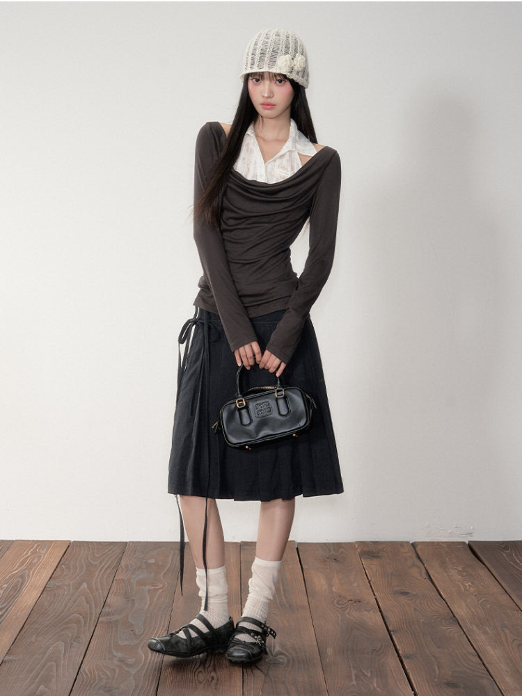 Fake Two-Piece Draped Neck Knit Top - CHINASQUAD