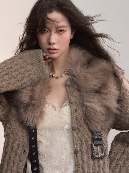 Textured Wool-Blend Cable Knit Cardigan