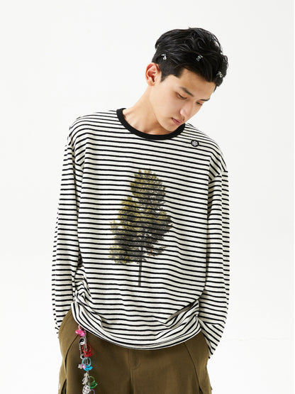 Printed Loose Striped Terry Long-Sleeve T-Shirt