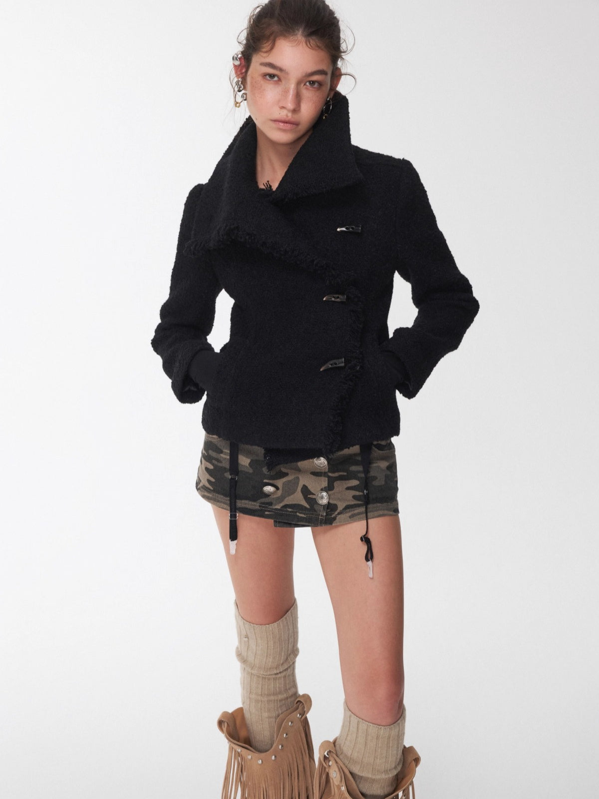 Wool Blend Horn Button High-neck Jacket