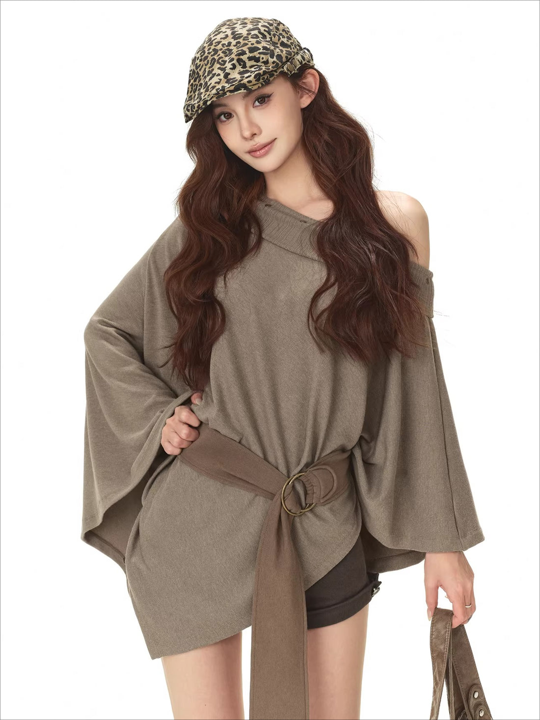 Cape-Style Off-Shoulder Long T-Shirt