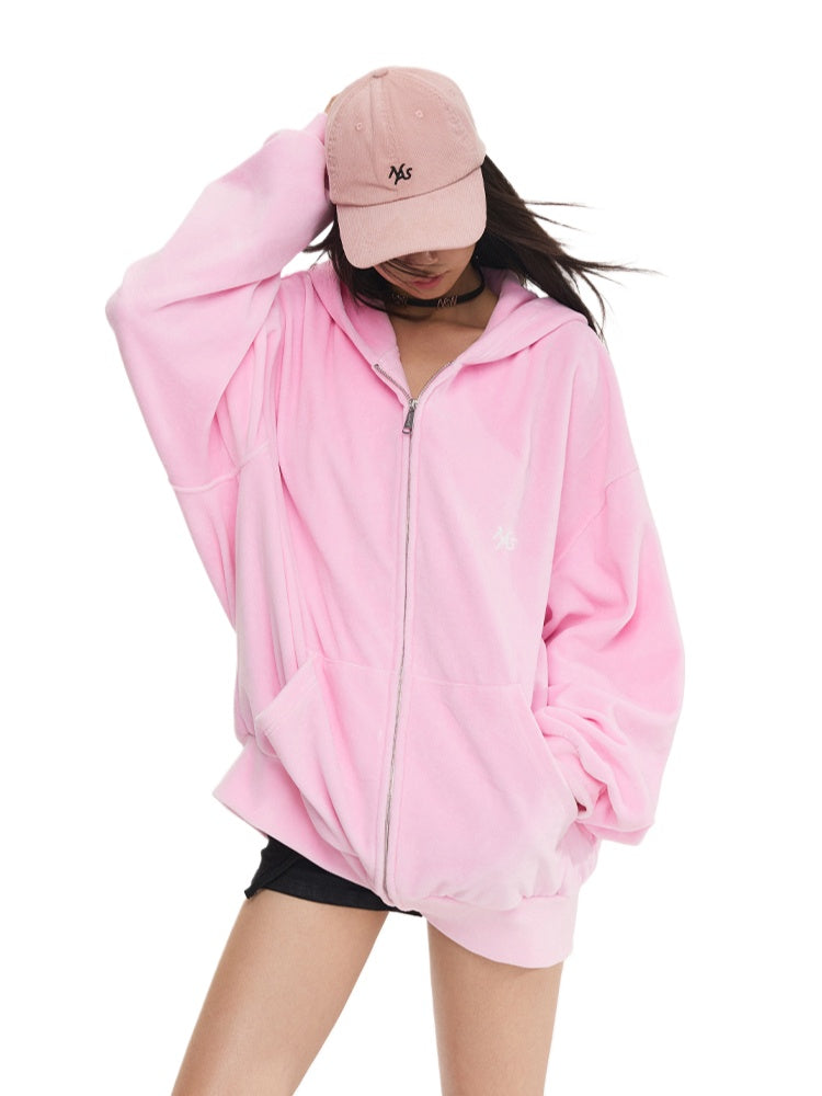 Pink Velvet Drawstring Oversized Hoodie