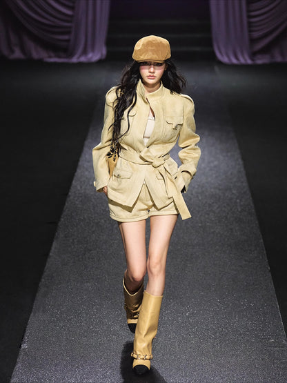 Velvet Suede Jacket &amp; Shorts Two-Piece Set