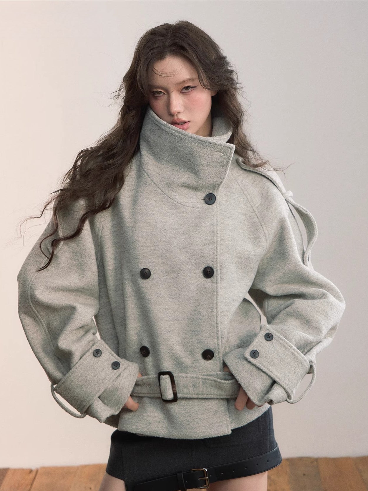 Contrast Double-Breasted Wool-Blend Belted Jacket