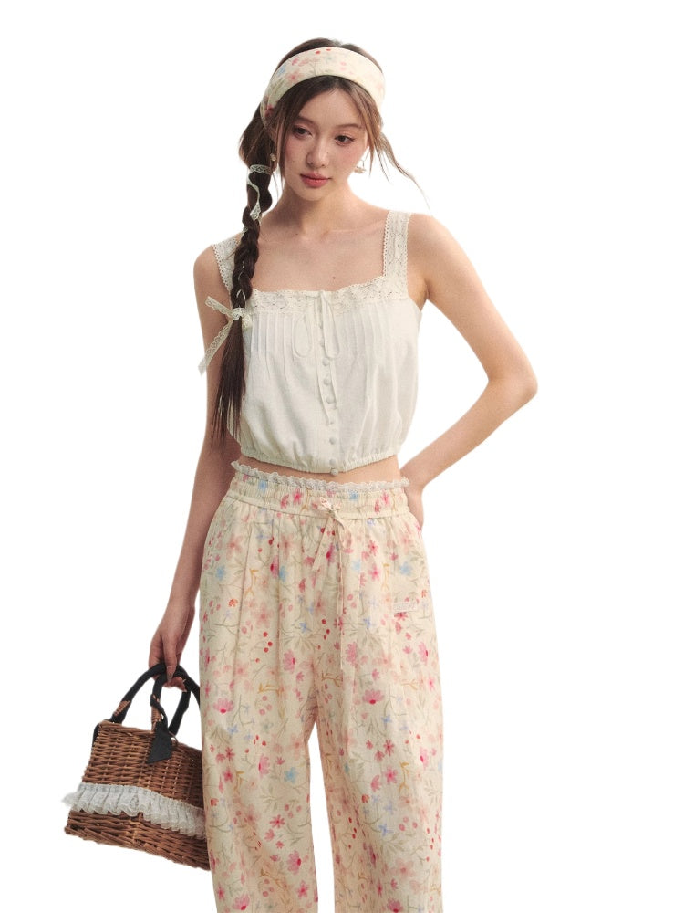 Waist-Cinching Lace-Trimmed Spaghetti-Strap Vest - CHINASQUAD