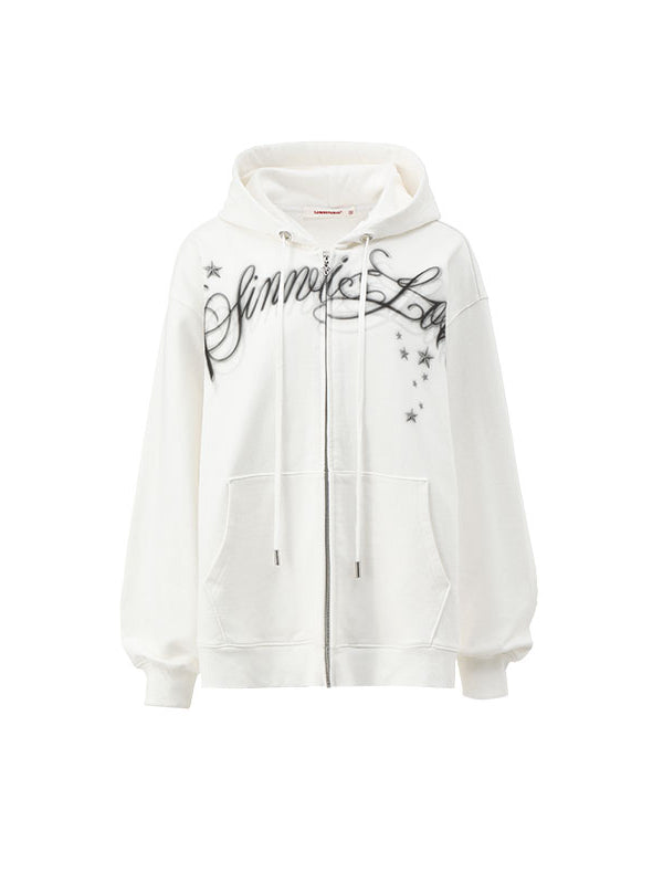 Spray-painted Letter Print Loose Zip-up Hoodie