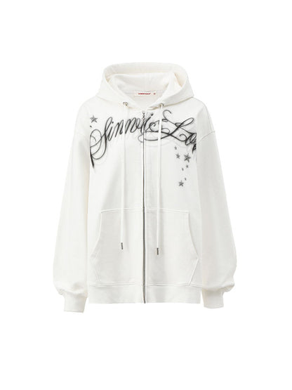 Spray-painted Letter Print Loose Zip-up Hoodie