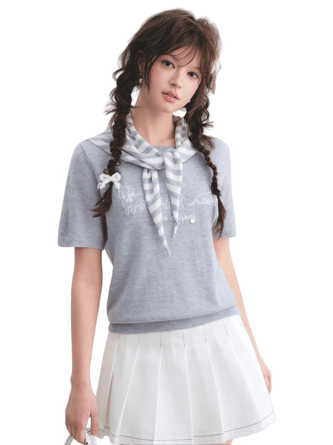 Wool-Blend Jacquard Knit Tee &amp; Striped Shoulder Set