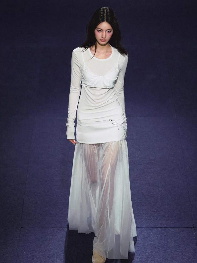 Lyocell Fake Two-piece Sheer Blouse &amp; Skirt Set