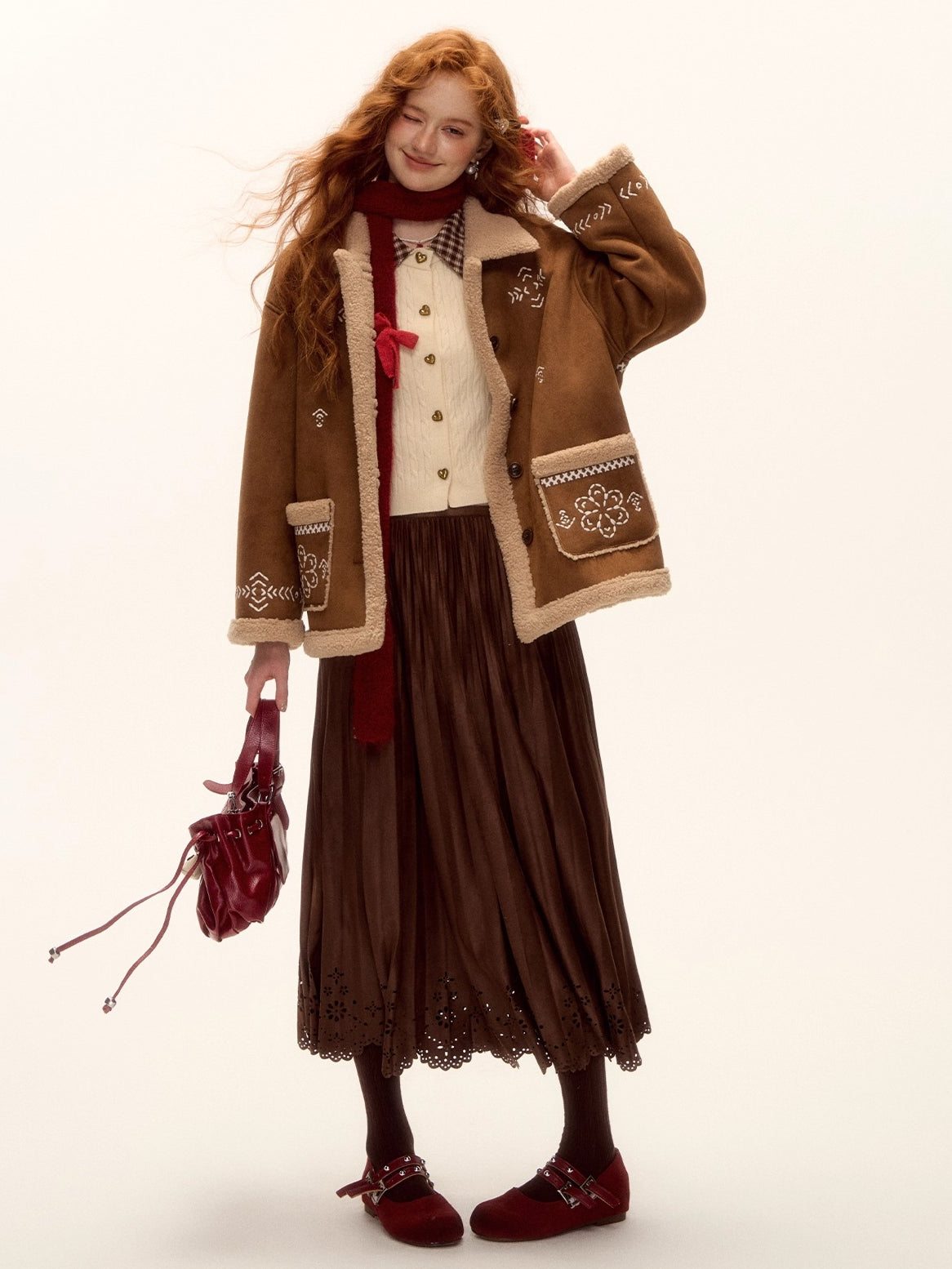 Heavy Embroidered Faux Shearling Suede Jacket