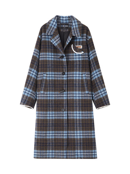 Contrast Plaid Long Woolen Coat