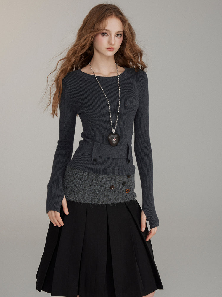 Waist-Cinched Wool Blend Crewneck