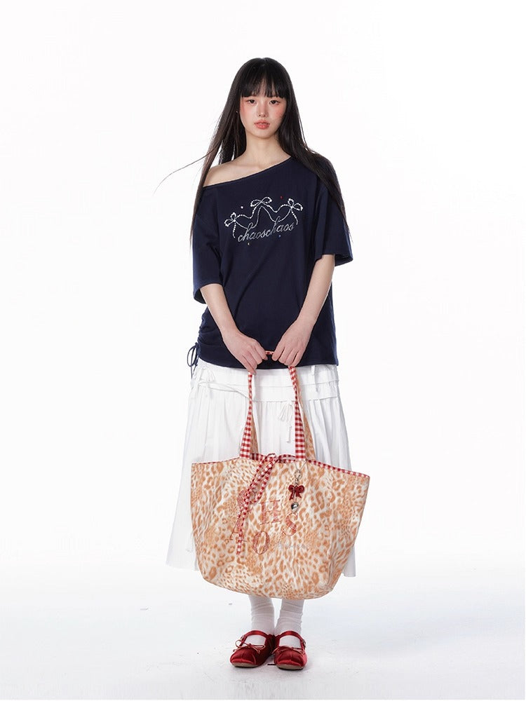 Asymmetric Bow &amp; Pearl Off-Shoulder T-Shirt