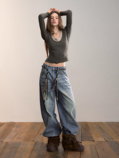 Belted Contrast Panel Knit Layered T-Shirt