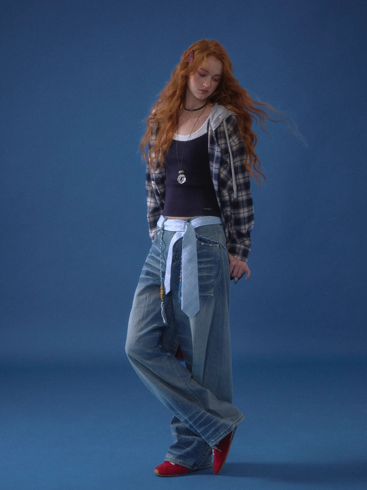 Beaded Tie-Waist Washed Denim Pants