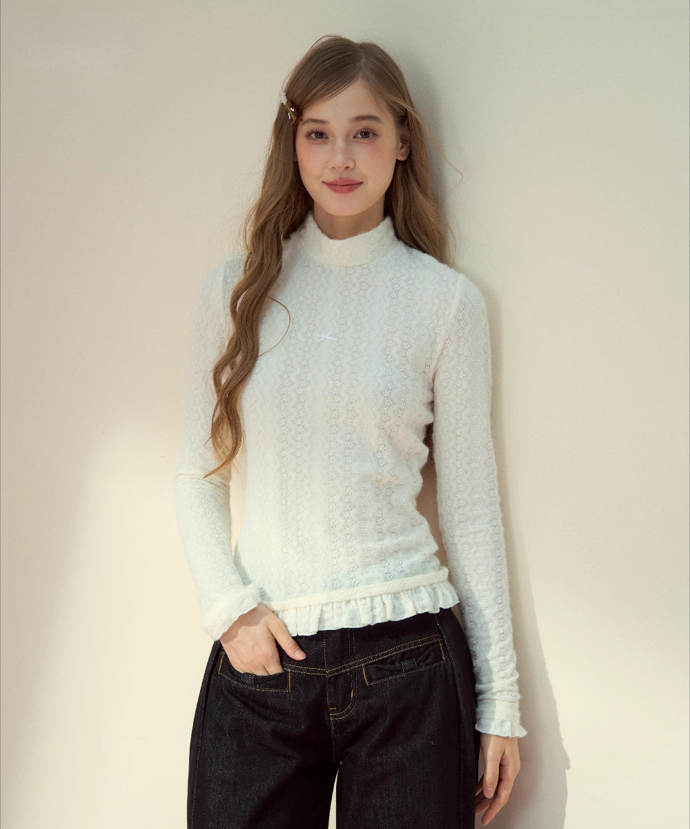 Layered Lace-Texture Mock Neck Knit T-Shirt