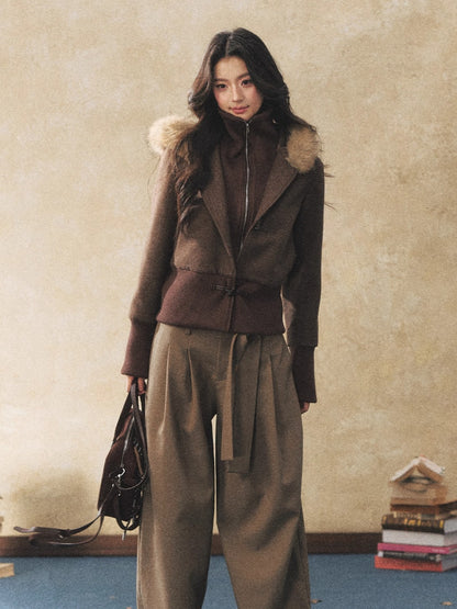 Fur Collar Faux-Layered Wool-Blend Jacket