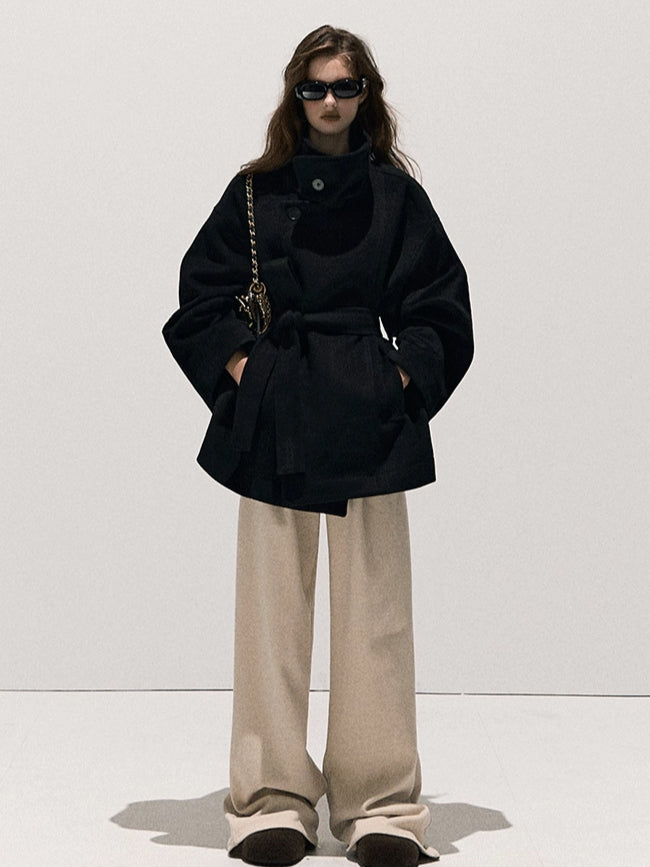 Stand-Collar Pure Wool Tailored Coat