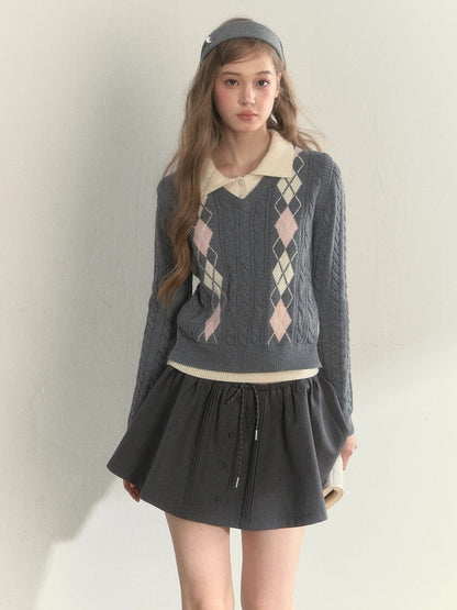 Vintage Argyle Cable Knit Layered Sweater