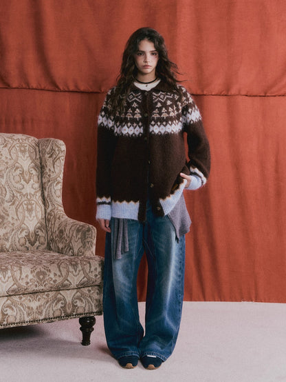 Wool Blend Fair Isle Button-Up Cardigan