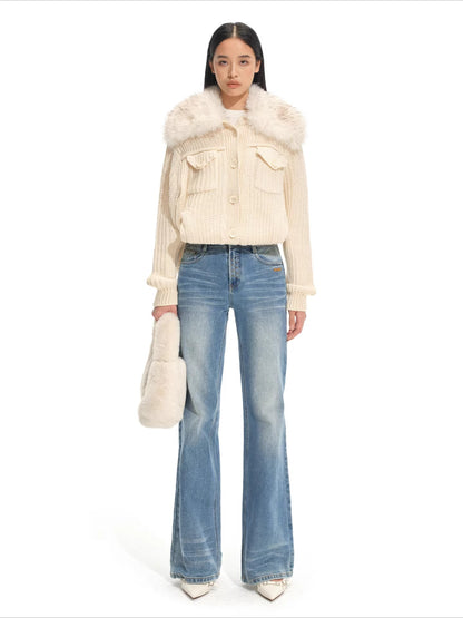 Faux Fur Collar Wool Knit Cardigan