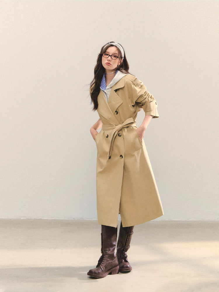 Embroidered Lapel KhakiTrench Coat