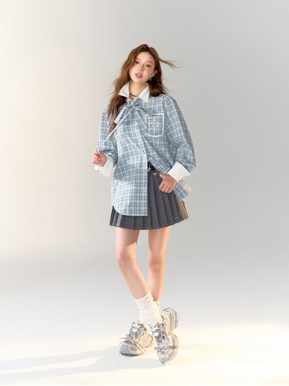 Color-block Blue Plaid Printed Shirt