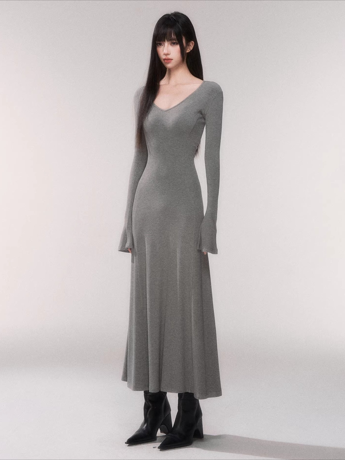 V-Neck Waist-Defining Knit Maxi Dress