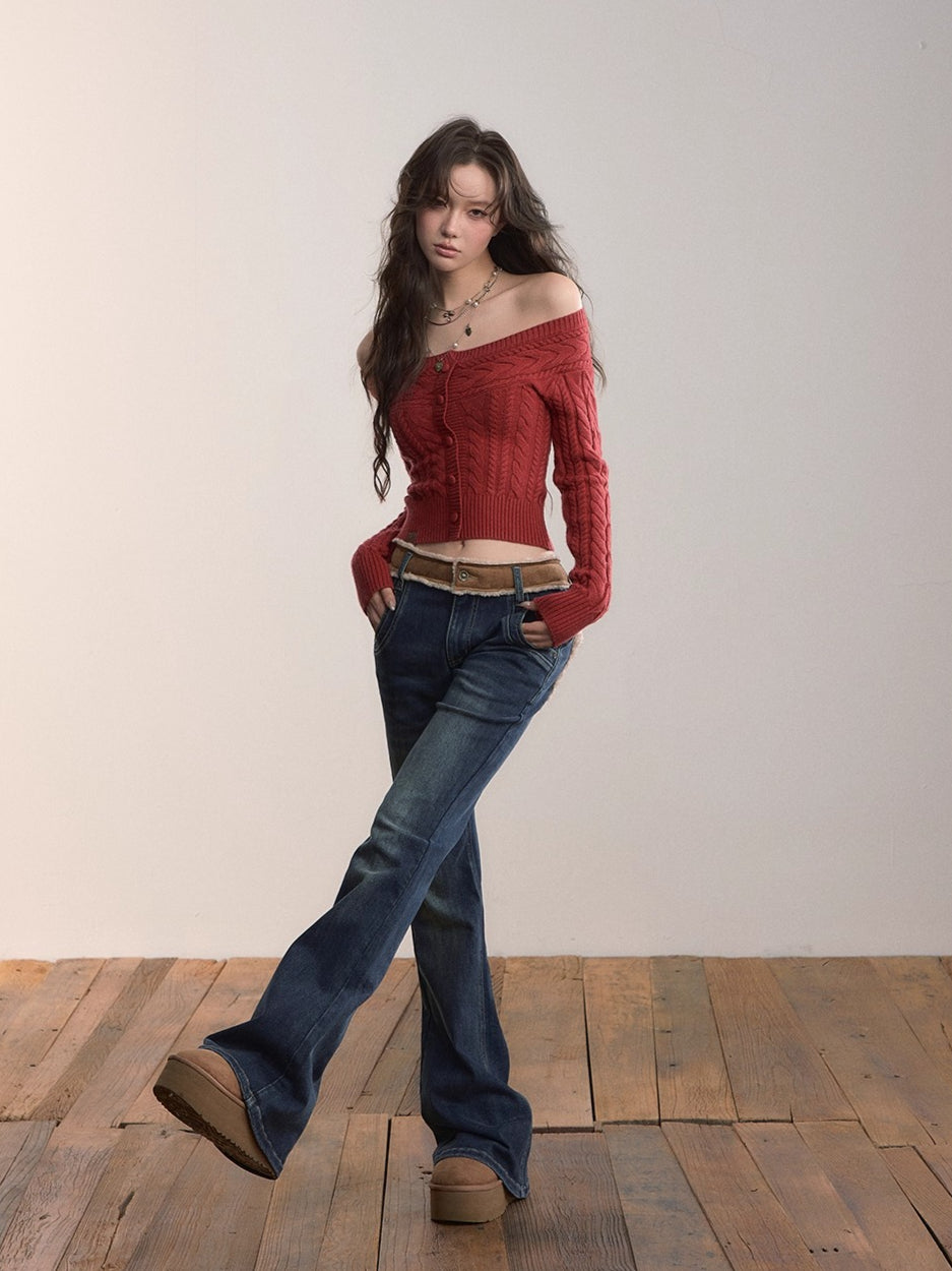 Off-Shoulder Cable Knit Cardigan