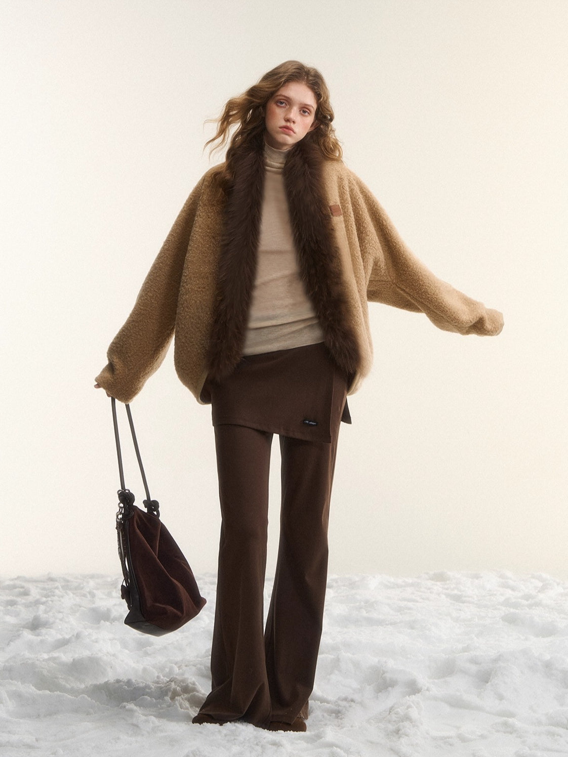 Wool-Blend Fur-Trim Cape Jacket