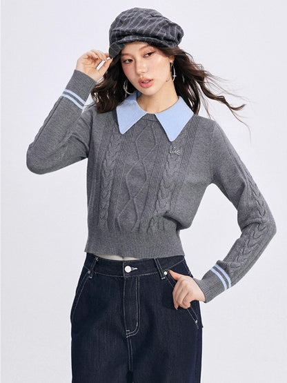 Contrast-Collar Cable-Knit Polo Sweater