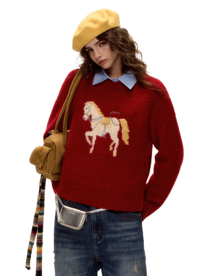 Wool Blend Horse Jacquard Embroidered Sweater