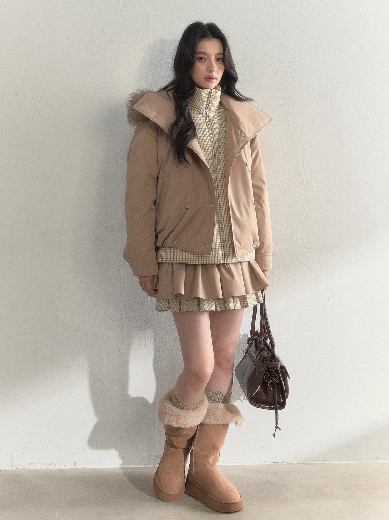 Retro Khaki Double-Layer Pleated Skirt