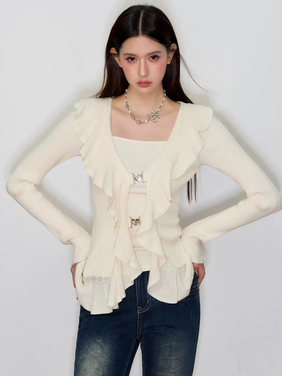 Faux Ruffle Detail Layered Knit Top