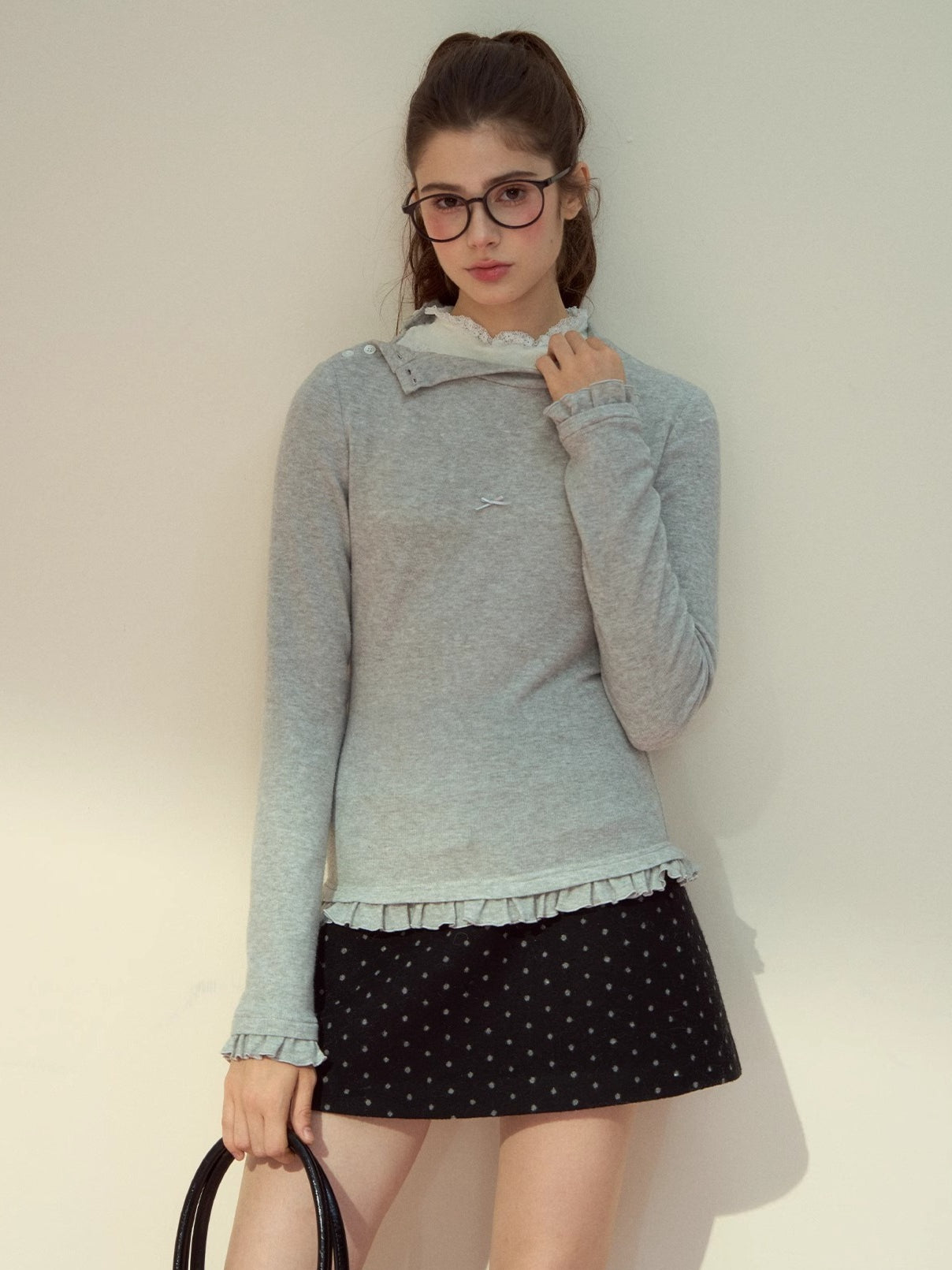 Layered Lace-Texture Mock Neck Knit T-Shirt