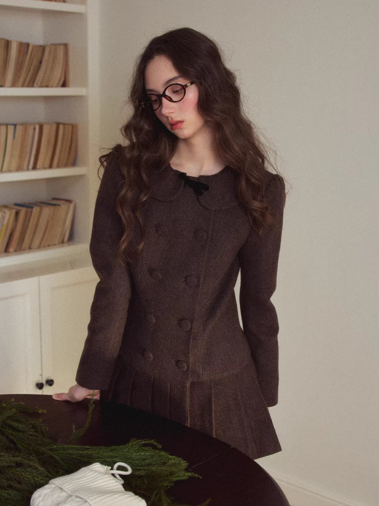 Vintage Preppy Doll-Collar Houndstooth Pleated Dress