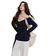 Navy Layered Off-Shoulder Blouse - CHINASQUAD