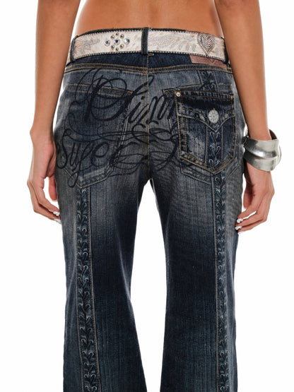 Blue Washed Distressed Straight-leg Jeans