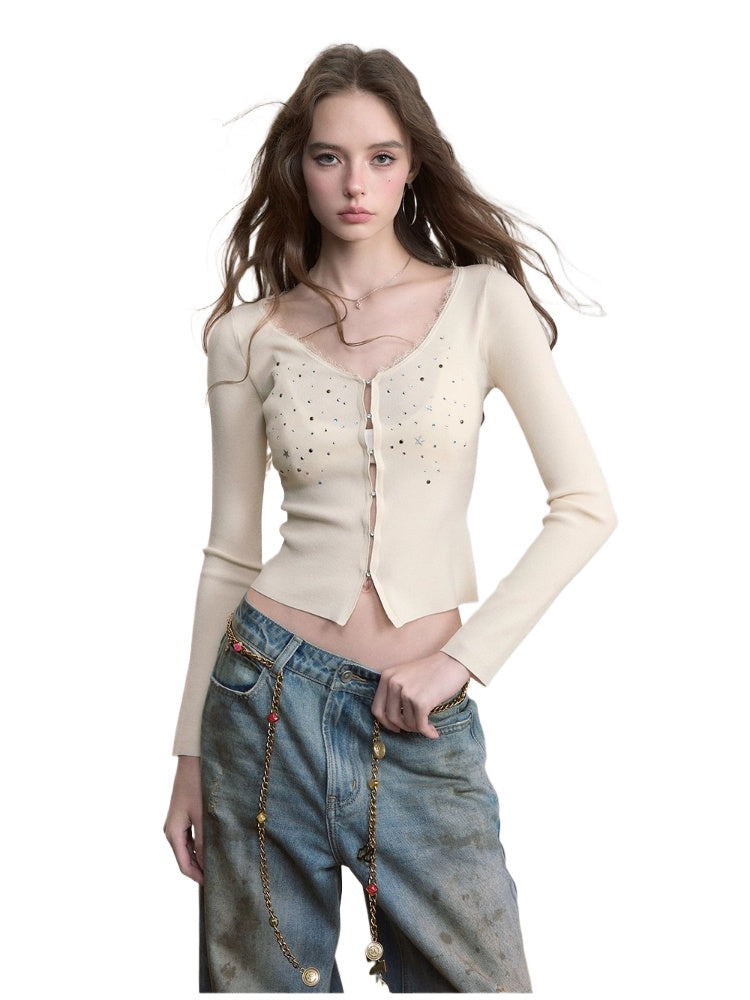 Colorful Hot-Fix Lace Knit Cardigan