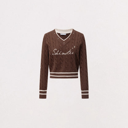 Layered-Effect Embroidered Knit V-Neck Sweater