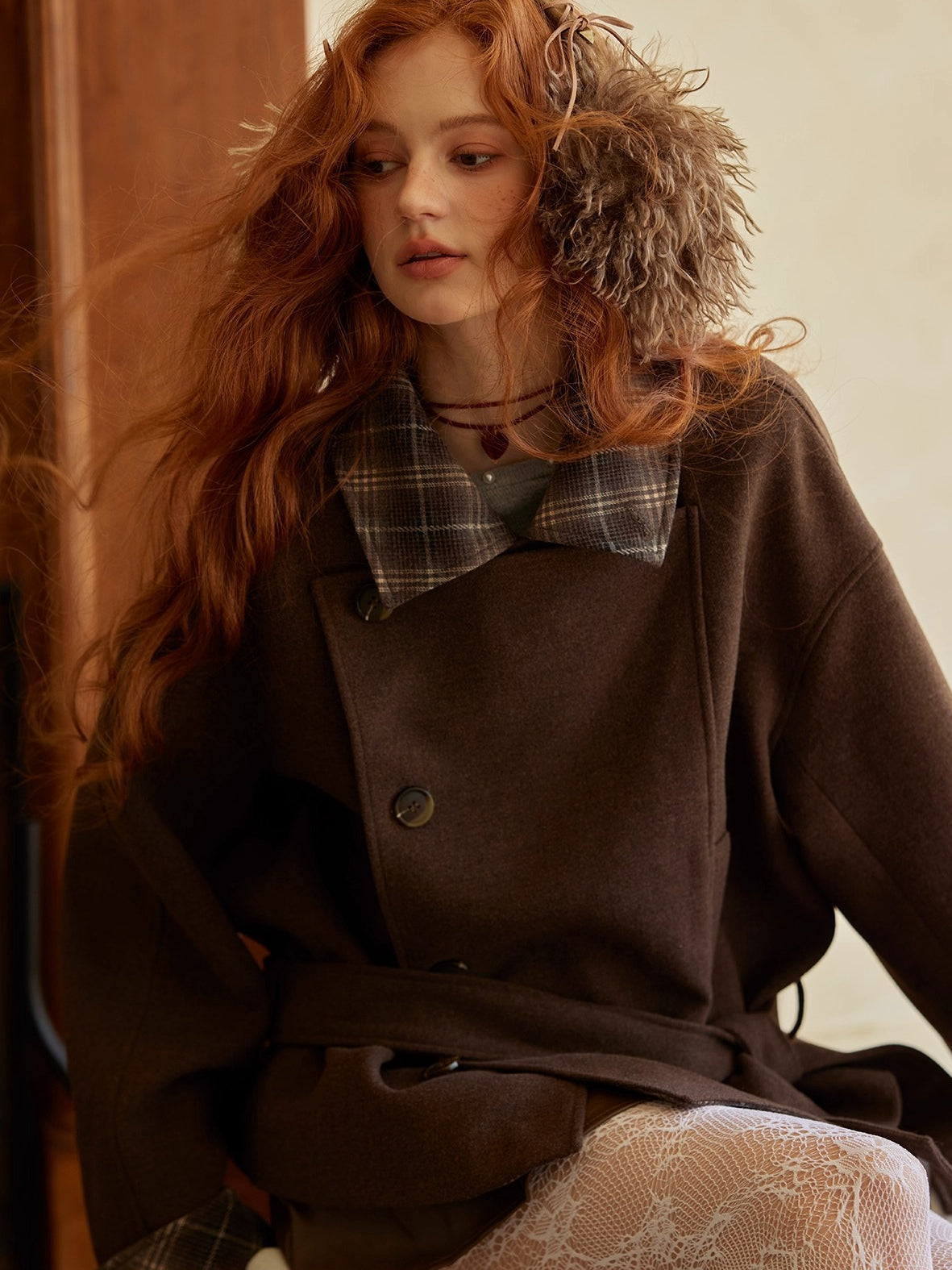 Plaid Panel Belted Wool-Blend Jacket