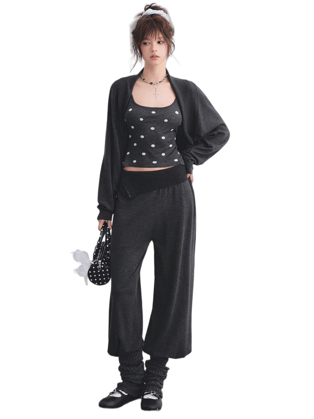 Contrast Polka Dot Cardigan &amp; Cami Set