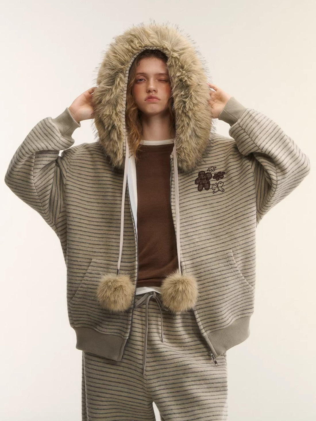 Plush Plaid Patchwork Jacket &amp; Straight-Leg Pants Set