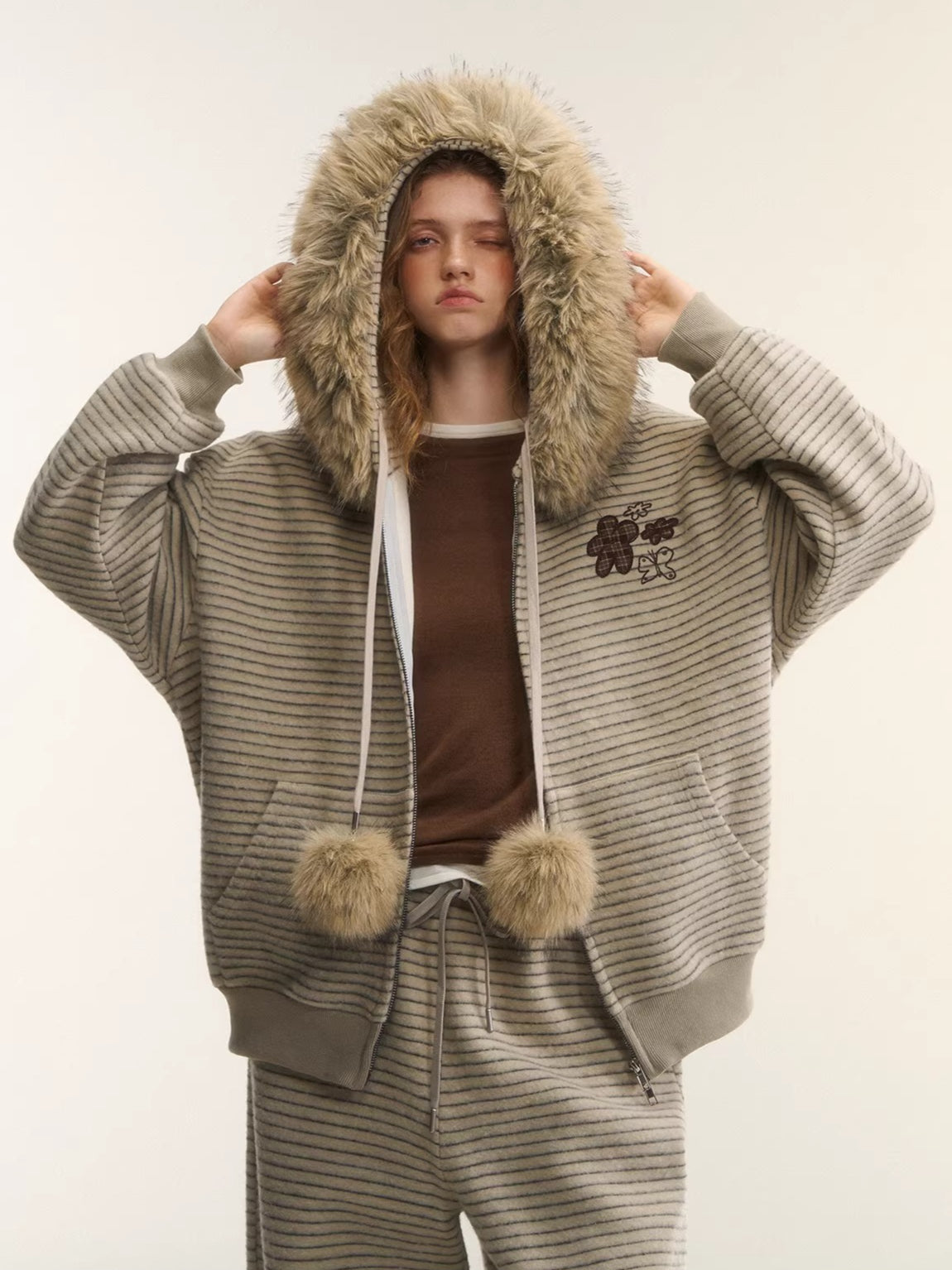 Plush Plaid Patchwork Jacket &amp; Straight-Leg Pants Set