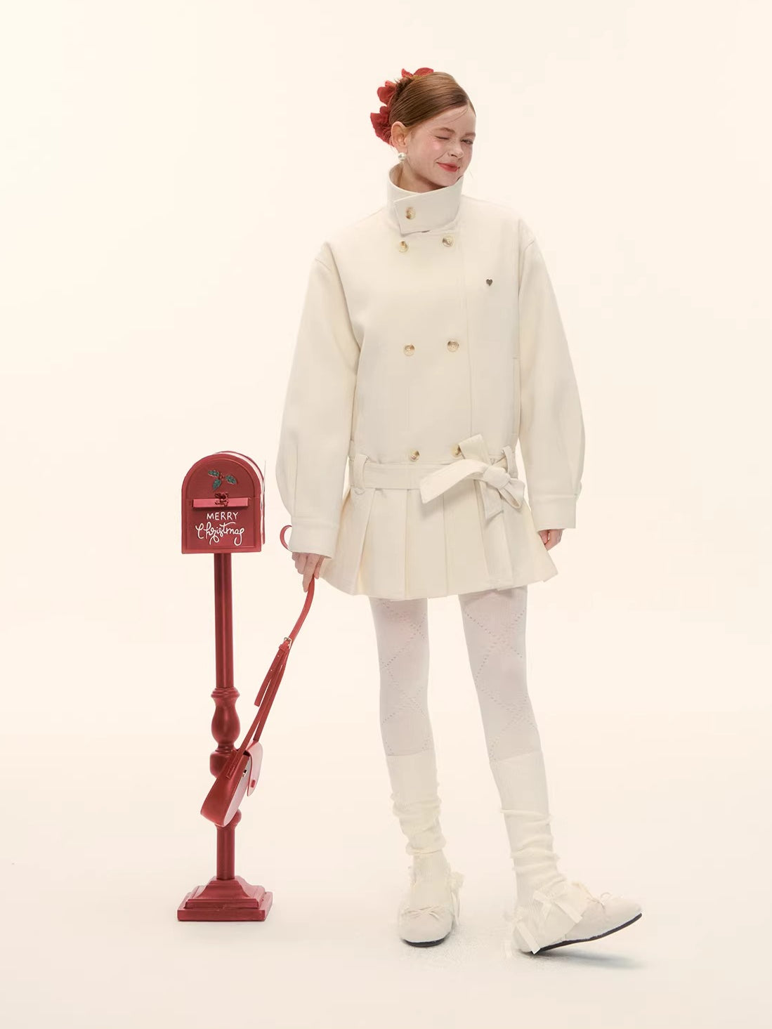 Pleated-Edge Down Wool-Blend Coat