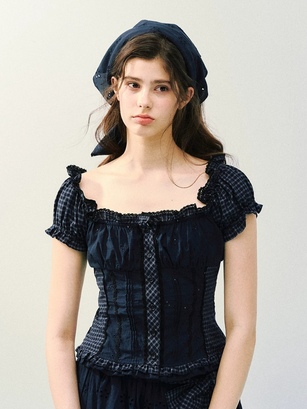 Vintage Plaid Lace Ribbon Two-Piece Set