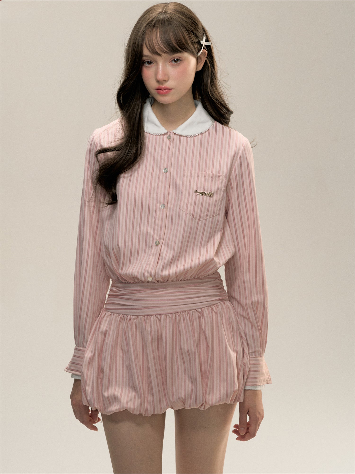 Pink Striped Bow-tie Collar Dress