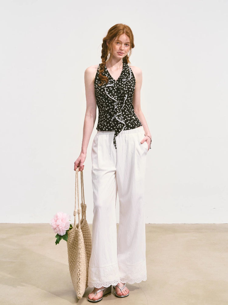 Solid-colored Breathable Lace Wide-leg Pants