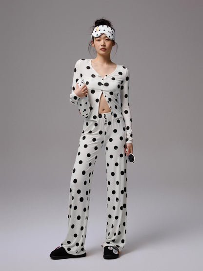 Polka Dot Contrast Knit Cardigan &amp; Lounge Pants Set