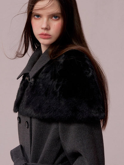 Faux-Fur Cape-Style Wool Coat